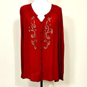 NWT Code Bleu Burgundy Viscose Button Up Long Sleeve Artsy Shirt Blouse L/XL